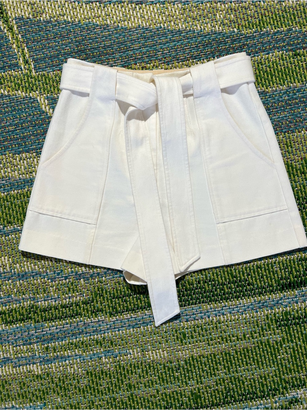 INTERMIX Cream High-Waist Tie-Belt Shorts